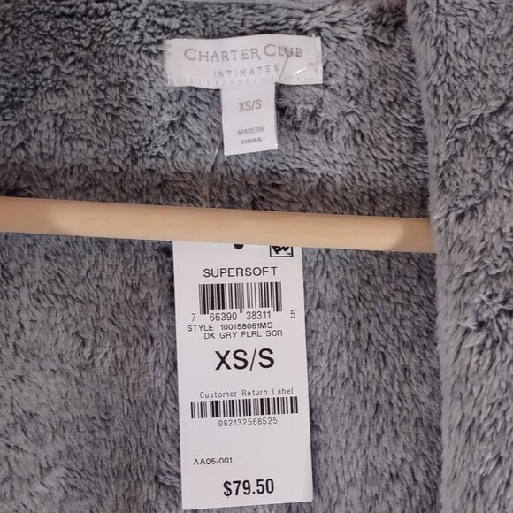 NWT Charter Club Super Soft Floral Scroll Plush Robe Gray & Cream Women's XS/S - Picture 12 of 14